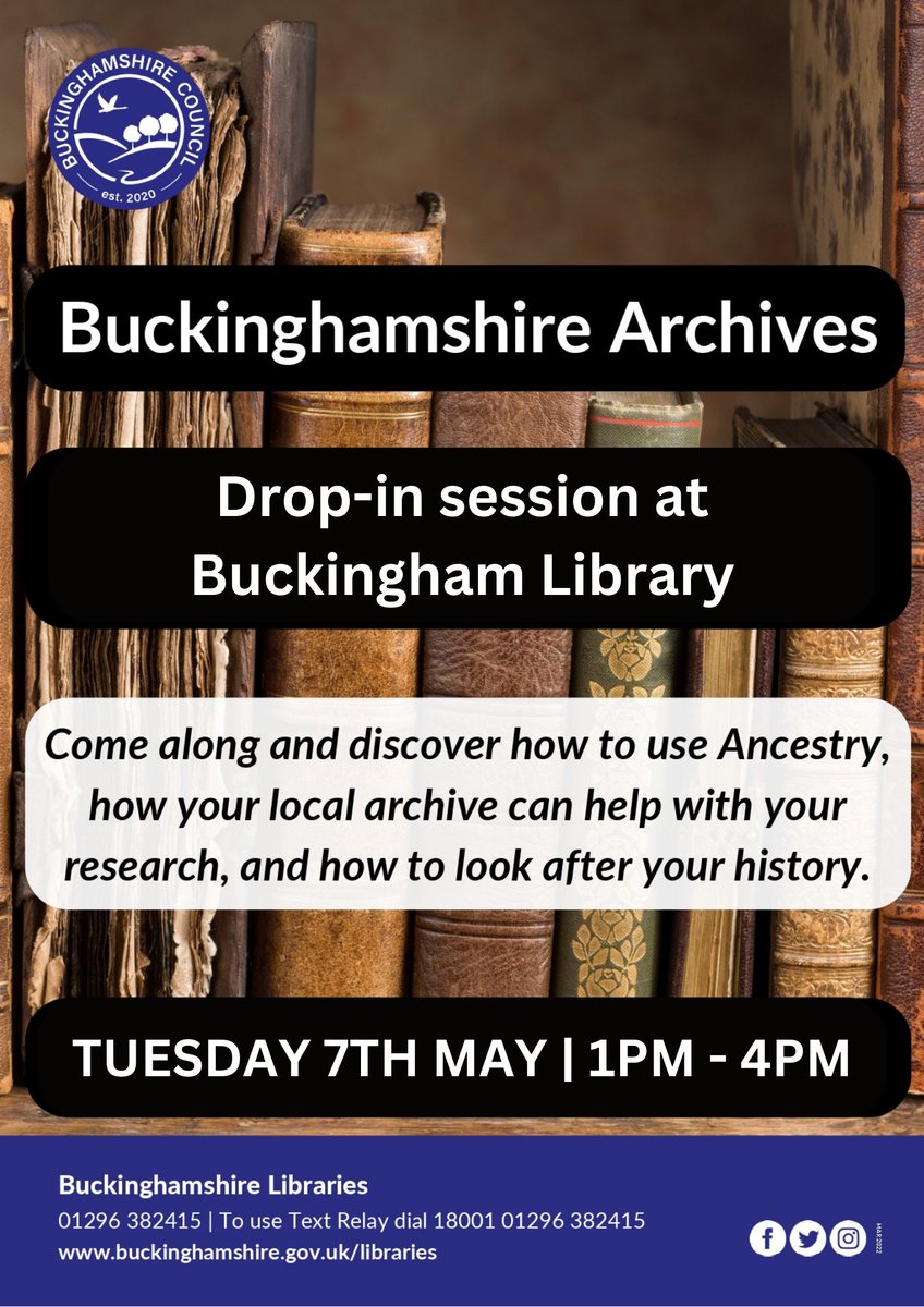 This time next week we'll be visiting Buckingham Library for an archive drop in session! If you're curious about Ancestry, have questions about how to use the archive, or just want to chat about some history, we'll be there on the 7th of May, 1pm until 4pm.