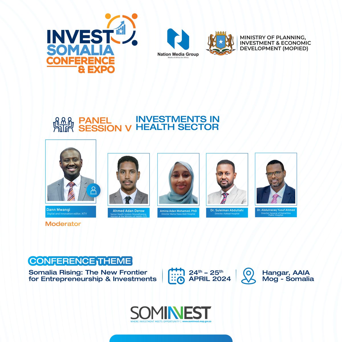 Join the fifth and final panel discussion on Investments in the Health Sector during the second day of the #InvestSomalia2024 in Mogadishu. This is an opportunity to learn about the latest developments and investment opportunities in the health sector.