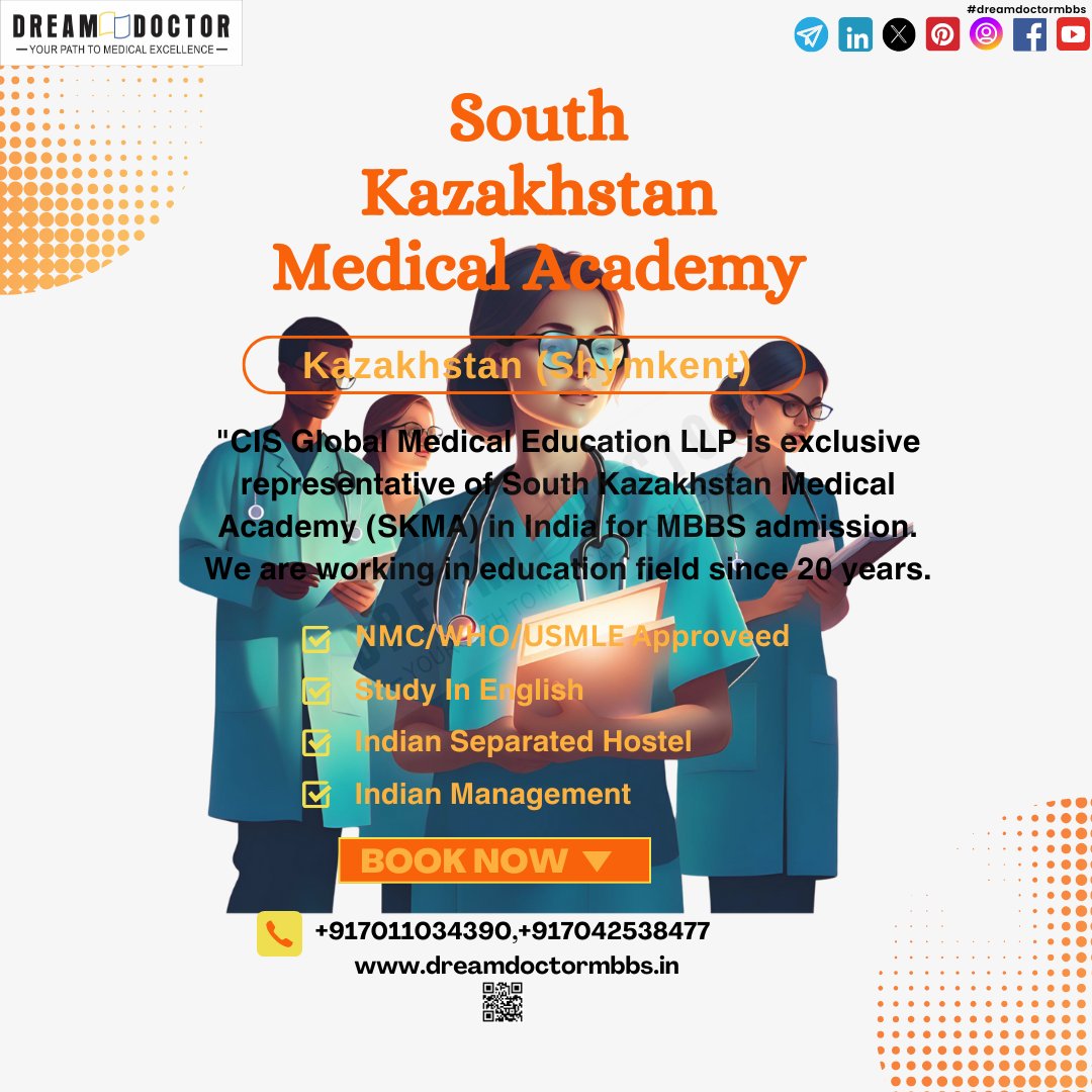 South Kazakhstan Medical Academy (SKMA) was founded in 1979.The university has a modern infrastructure for education and research.

#kazakhstan #southkazakhmedicalacademy #shymkent #dreamdoctormbbs #mbbs #mbbsabroad #mbbsstudent #mbbsadmission #neet #neetpreparation #neet2024