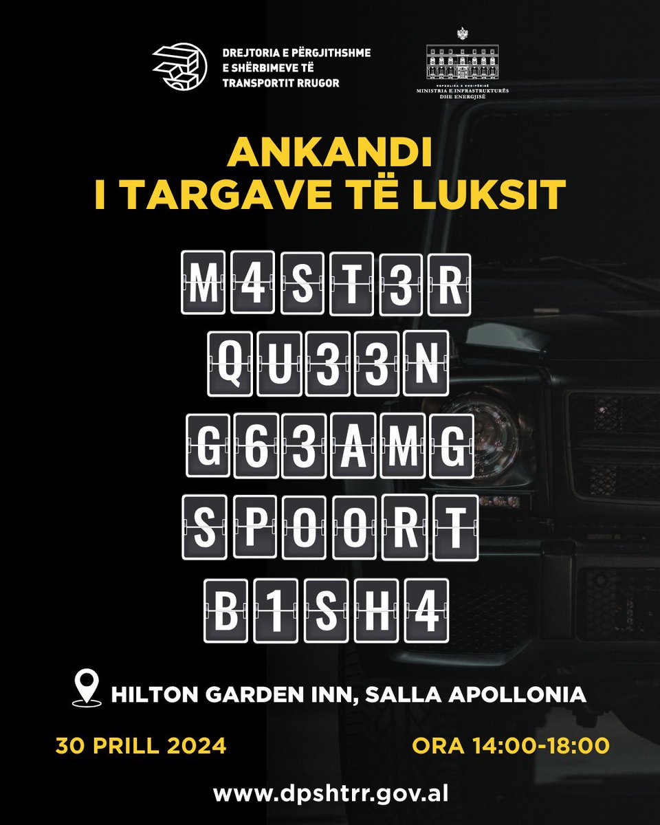 dpshtrr's tweet photo. Ende nuk jeni regjistruar për të qenë pjesëmarrës të Ankandit të Targave të Luksit? 💫 
Çfarë po prisni akoma?! 🤩

⌛️Jeni ende në kohë, por nxitoni pasi data 29 Prill shënon mundësinë e fundit për t’u regjistruar! 💫

Ju rikujtojmë se regjistrimi realizohet vetëm ��online, duke shprehur interesin për targën e personalizuar në listën e publikuar në: 
📲https://t.co/TAw6PNKzxG
