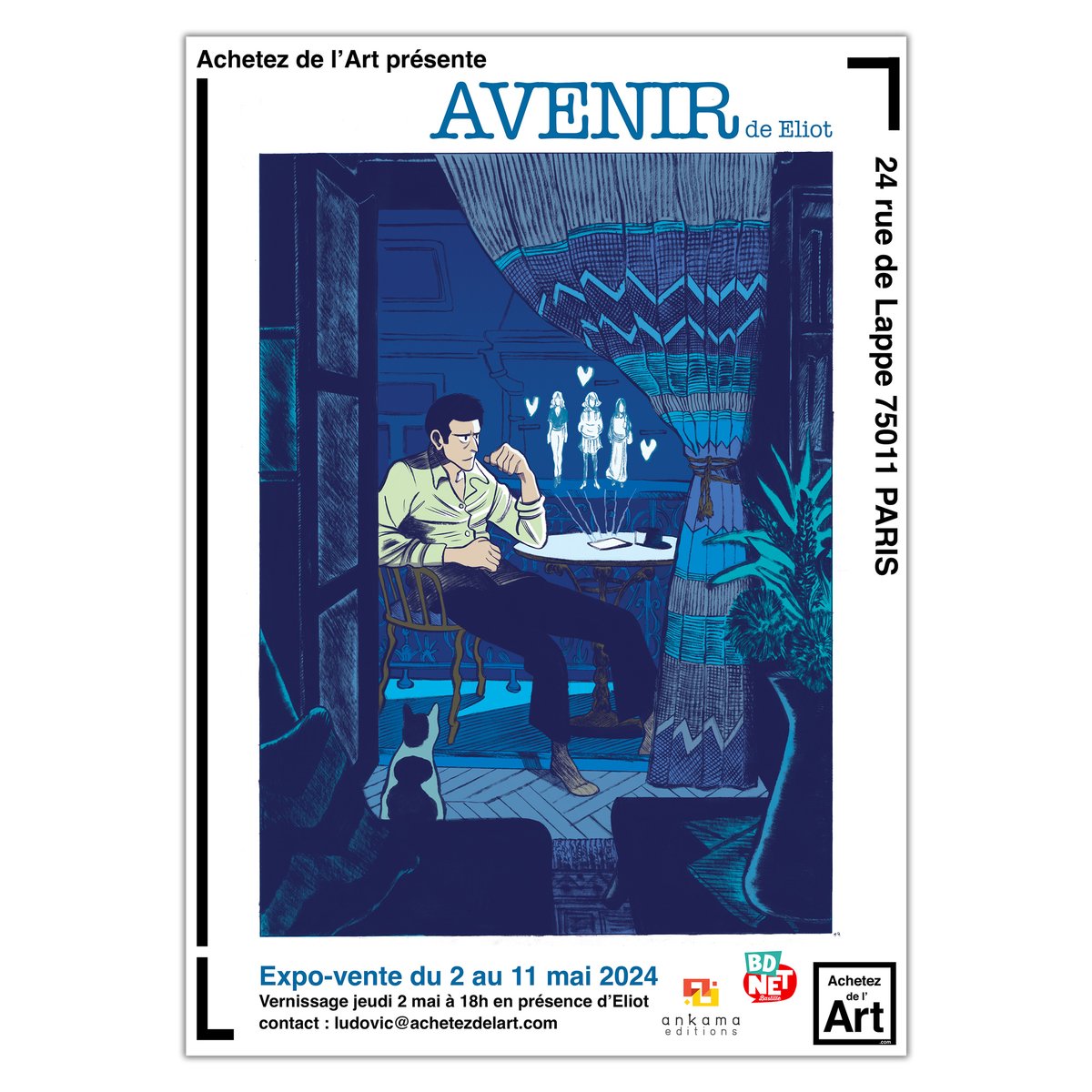 Du 2 au 11 mai prochains, découvrez l'exposition 'Avenir' d'Eliot en partenariat avec @BDnet_Bastille ! Un jeune artiste prometteur avec une double actualité : sa bande dessinée 'Avenir' chez @AnkamaEditions et sa participation au dernier volume de @_MetalHurlant 🔥