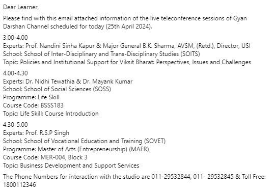 The live teleconference sessions of SOITS, SOSS & SOVET scheduled for today (25th April 2024)