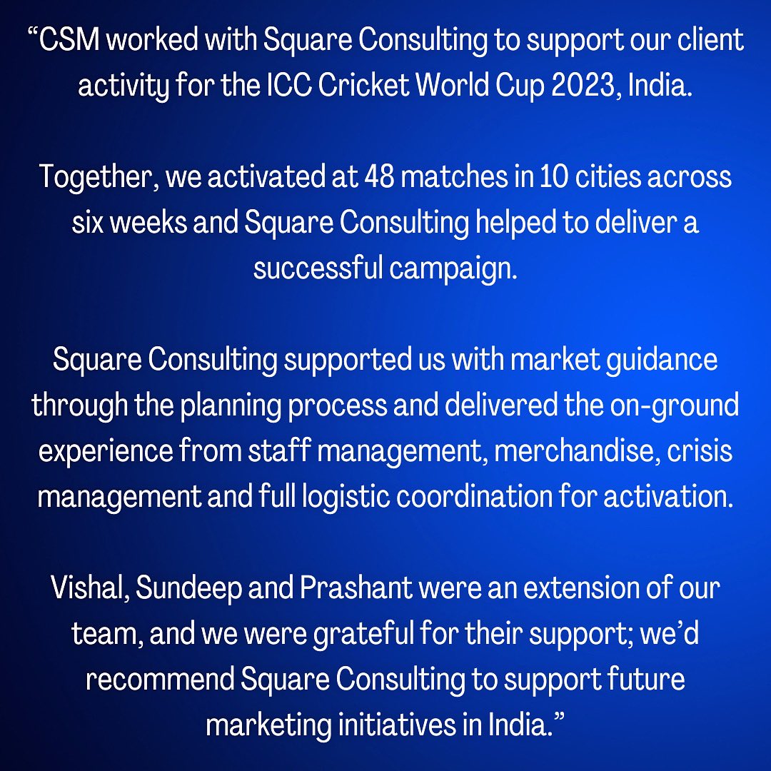 squareConsult's tweet photo. Client appreciation post.

Was an amazing experience to work on this project with a truly talented team culminating in the final on November 19, 2023.

Looking forward to our next one. Stay tuned. #sportsmarketing #CWC2023 #sponsorship #sponsorshipactivation #brandactivation https://t.co/lfo2p8UAM5