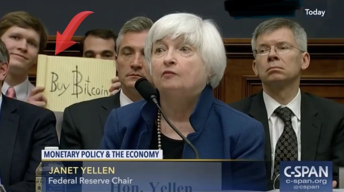 💰The famous “#BuyBitcoin ” sign that was held behind #JanetYellen (the head of the #FederalReserve ) during her speech before #Congress in July 2017 was sold at auction for 16 #BTC (just over $1m)