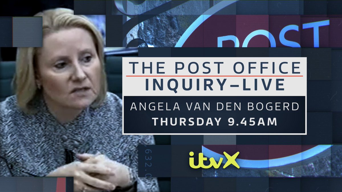 Former Post Office Head of Partnerships Angela Van Den Bogerd is about to give evidence to the Post Office inquiry. Watch live on ITV X from 09:45am. itv.com/watch