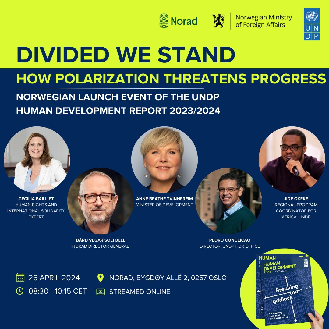 ⏲️ Only 1 day left! Join us at the Norwegian launch of @UNDP's Human Development Report 2023/2024, exploring the growing threat of #polarization and its impact on global development🌍 #HDR2024 ✍️Registration: norad.no/en/front/event… 📗Report: hdr.undp.org/content/human-…