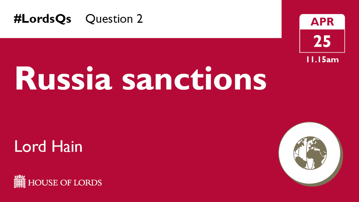 Next in #LordsQs, @PeterHain quizzes government on reviewing sanctions against Russian individuals in the light of President Putin's re-election and the continuing war in Ukraine.

📺 Watch online from 11.15am at the link in our bio

2/4 🔽