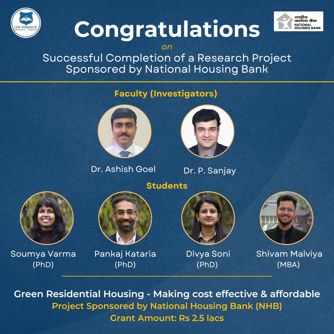 Congratulations to our esteemed faculty members, Dr. Ashish Goel and Dr. P. Sanjay, along with our students, Soumya Varma, Pankaj Kataria, Divya Soni, and Shivam Malviya for receiving a grant of 2.5 lakh Rs. for their #ResearchStudy on Green Residential Housing.

#spiritofsirmaur