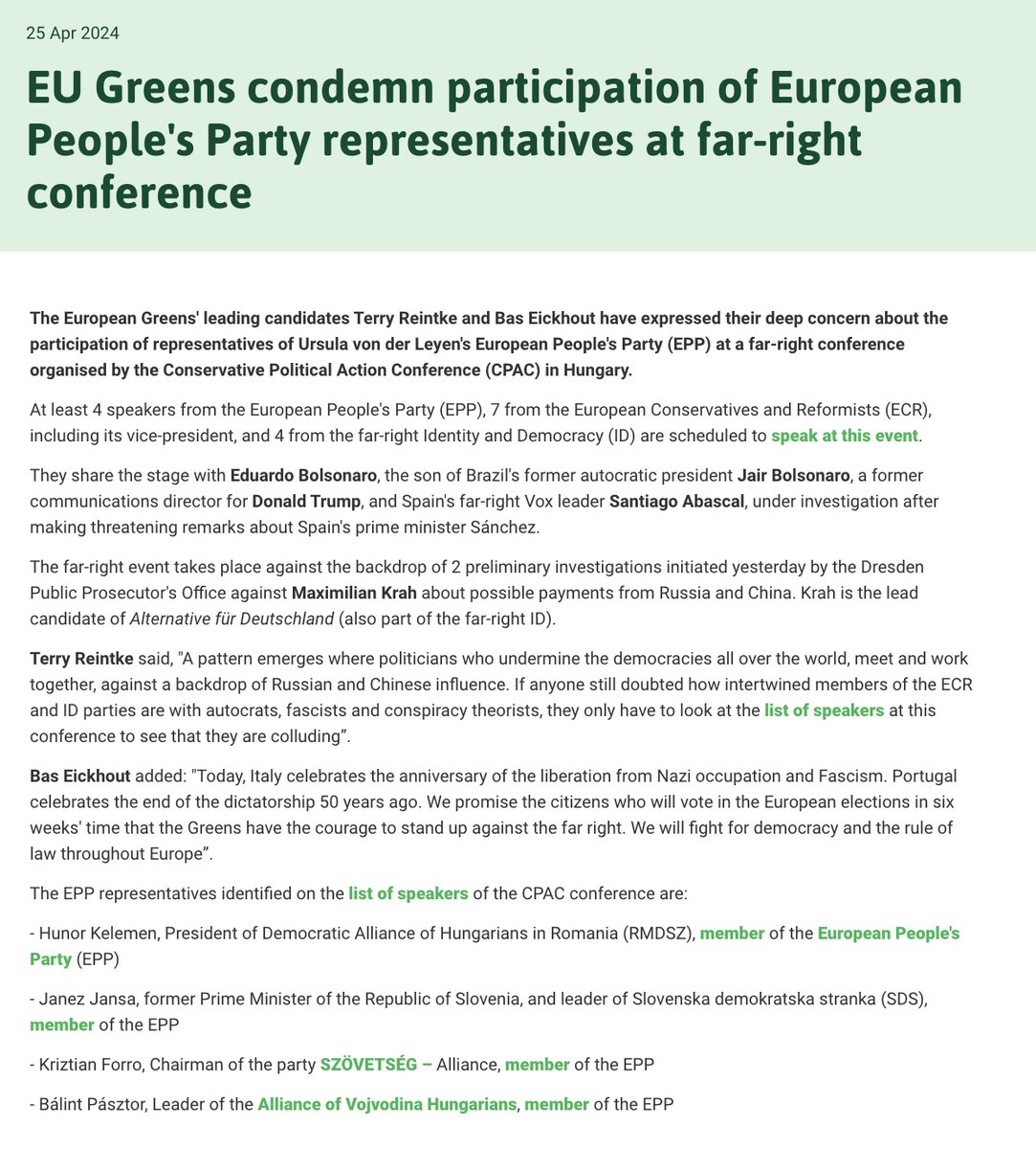 europeangreens's tweet photo. ❌ We are deeply concerned by the participation of @EPP representatives at the far-right #CPAC conference in Hungary.

📣 Read the full press release from our leading candidates @TerryReintke and @BasEickhout 👇
https://t.co/WvHUueyCQY https://t.co/mkjetojZkr
