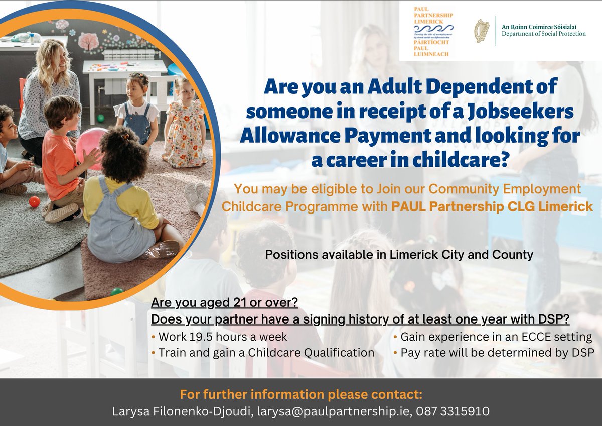Are you an Adult Dependent of someone in receipt of a Jobseekers Allowance Payment and looking for a career in childcare? Train and work with us on our Community Employment Childcare Scheme. #jobfairy #childcare #training #hiring