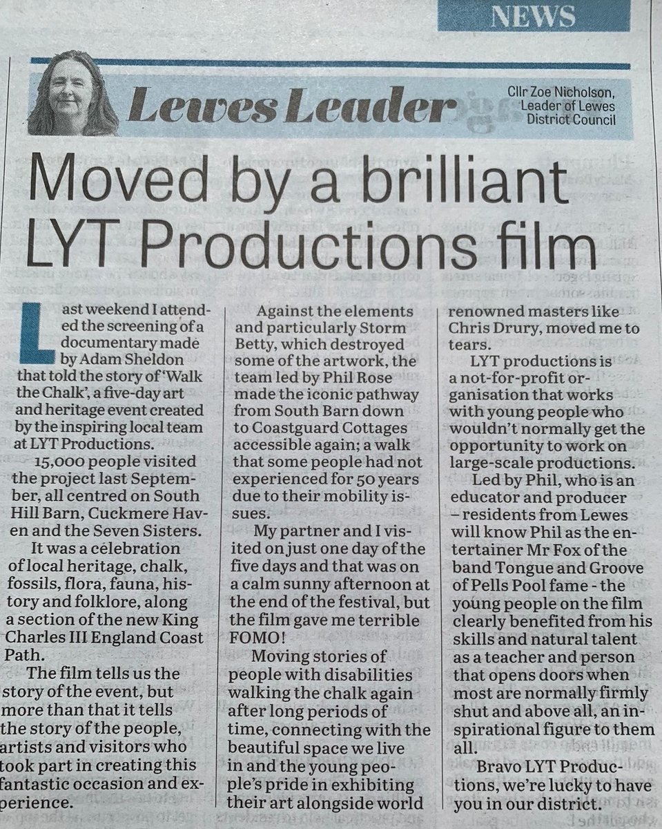 Thank you so much to Council Leader @zoenicholson4 for this fantastic write up in the #SussexExpress - great to have our wonderful team at LYT highlighted for their dedication and hard work! See the team in action at our doc screening, Sat at 4pm: seafordcinema.org