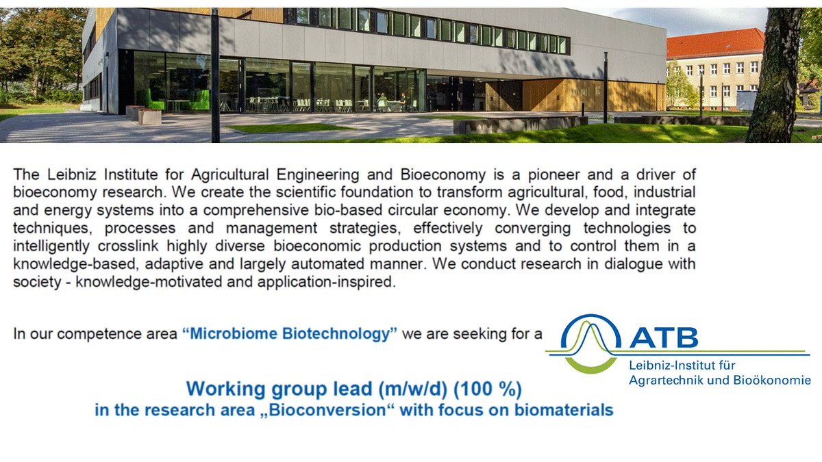 GBerg_ubt's tweet photo. We are hiring a group leader for #bioconversion!
Look on the excellent facillities @LeibnizATB
Apply here: https://t.co/m2DadfhD1Q https://t.co/MnBvLLT7Ni