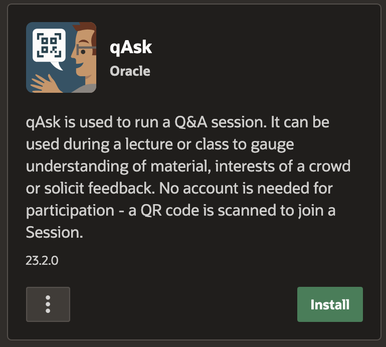 At #apexconn24 I have announced immediate availability of #orclAPEX qASK App. With this App you can poll a live or 'zoom' audience. Users access via QR code displayed on screen. Get live engagement during meetings #free install from APEX gallery or APEX git repo!