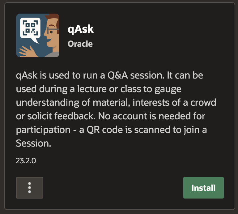 At #apexconn24 I have announced immediate availability of #orclAPEX qASK App.  With this App you can poll a live or "zoom" audience.  Users access via QR code displayed on screen.  Get live engagement during meetings #free install from APEX gallery or APEX git repo!