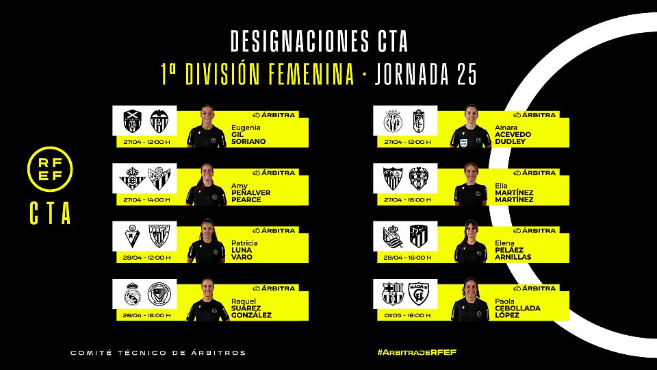 ⚖️ ÁRBITRAS | Estas son las colegiadas designadas para la 2⃣5⃣ª jornada en 𝐏𝐫𝐢𝐦𝐞𝐫𝐚 División Femenina. 🟨🟥 Designaciones completas: bit.ly/3UvoMus #ArbitrajeRFEF | @CTARFEF