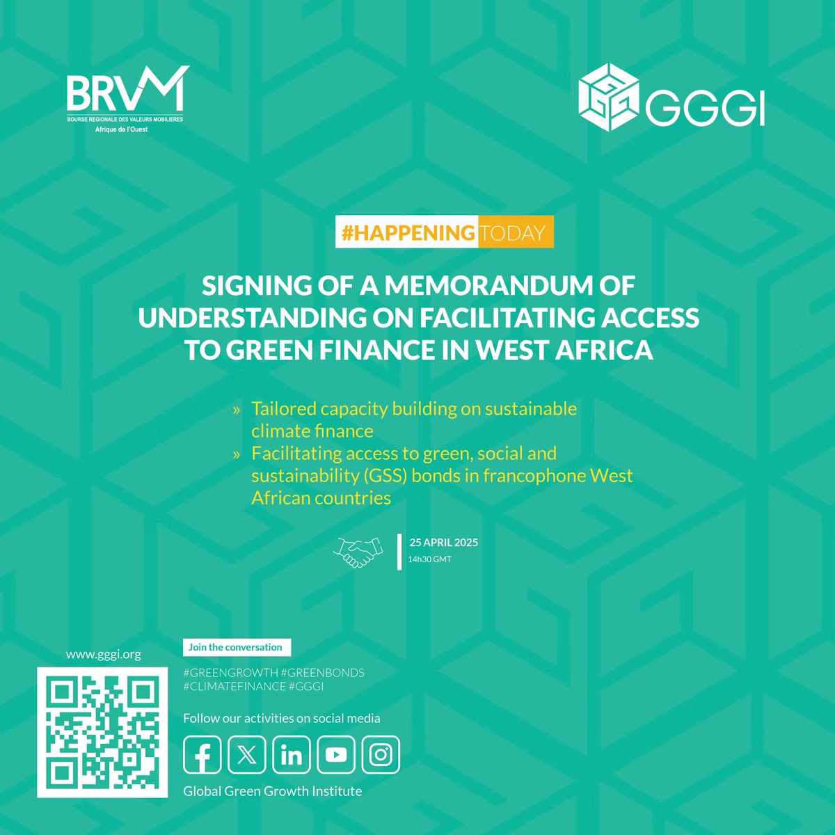 #HappeningToday: We are happy to announce that today we will sign a partnership agreement with @BRVM_UEMOA to facilitate access to #ClimateFinance for @UEMOA_Officiel countries. Watch this space as we unveil how this collaboration will work! #GreenGrowth #GreenBonds #GGGI