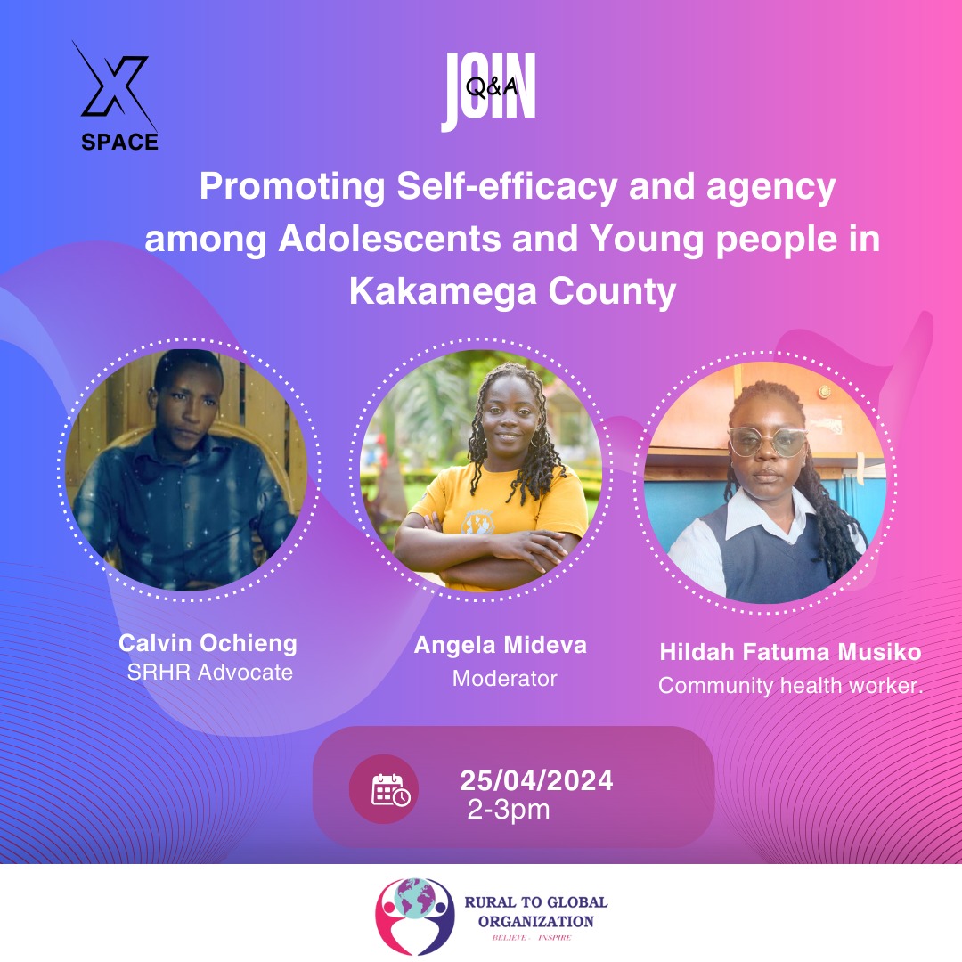 Join us  today from 2pm-3pm EAT for a space on the topic; promoting self-efficacy and agency among adolescents and young people in Kakamega County.
Don't miss. 
#AmplifyRuralCommunities