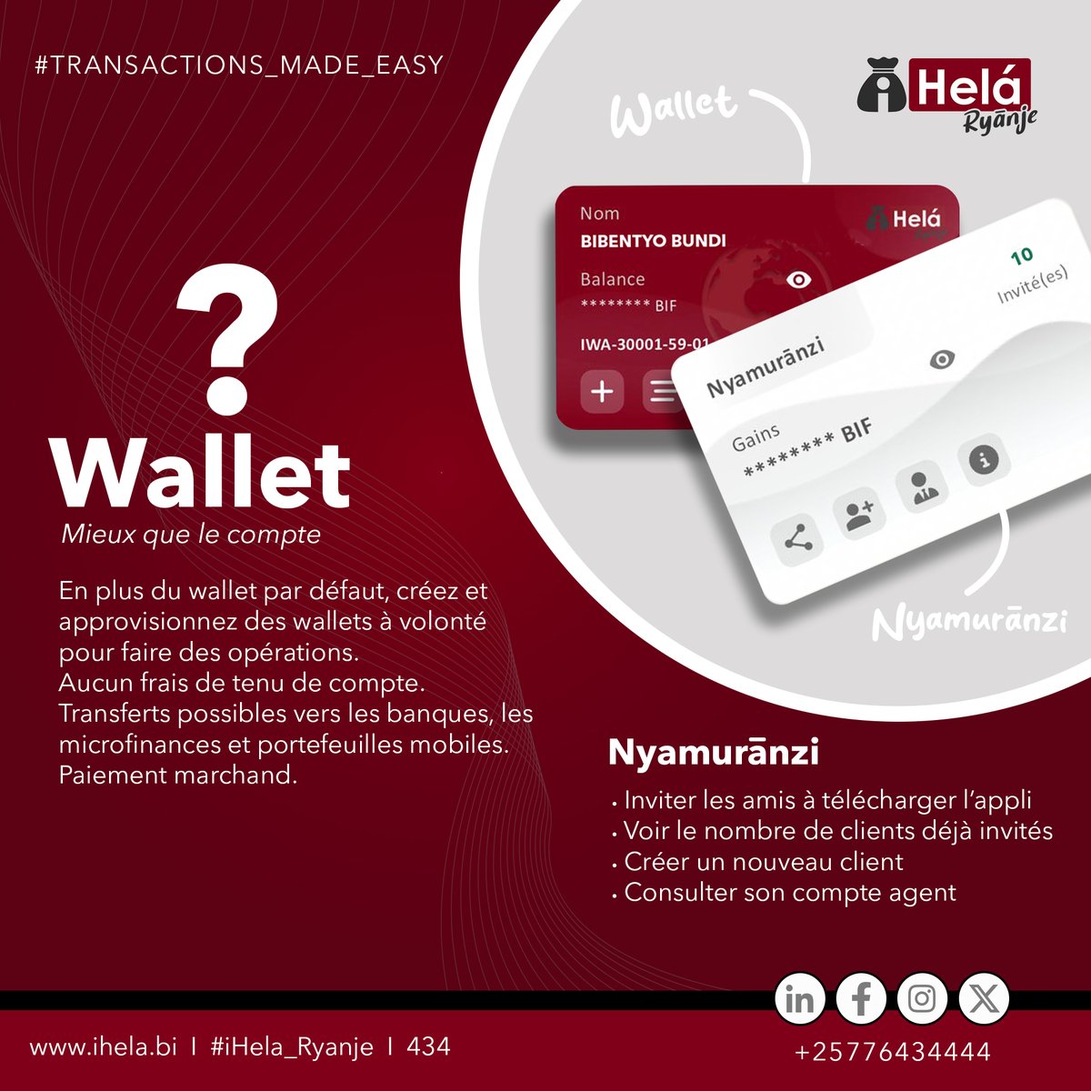 Tu utilises déjà ton WALLET 📱disponible dans l'application iHela Ryanje? Voici les avantages.👇 
.
.
Essaie dès maintenant. 

#iHelá_ryanje 
#wallet
#transactions_made_easy 
#mobile_money 
ihela.bi