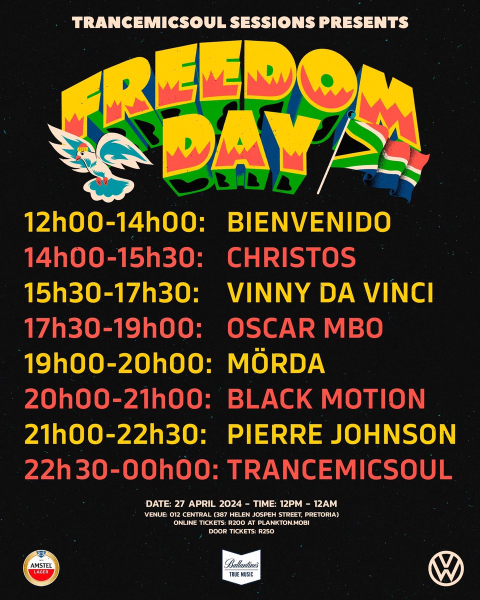 Set times for our Freedom Day celebration this Saturday at 012 Central (387 Helen Joseph Street, Pretoria). Get your online ticket - bit.ly/3TJCSYC #TrancemicsoulSessions #FreedomDay