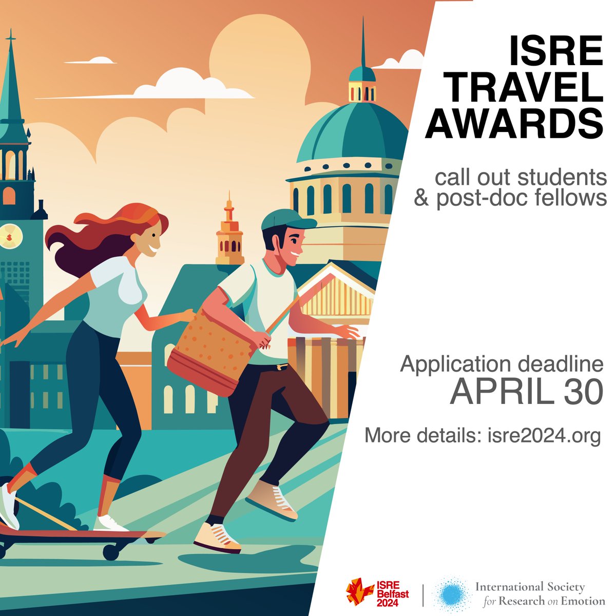 📢 Calling graduate students & postdocs! Here's a chance to ease your travel arrangements to Belfast for #ISRE2024! You're invited to apply for a travel grant. Submit your application before April 30th! Follow the link for full details: isre2024.org/awards.html