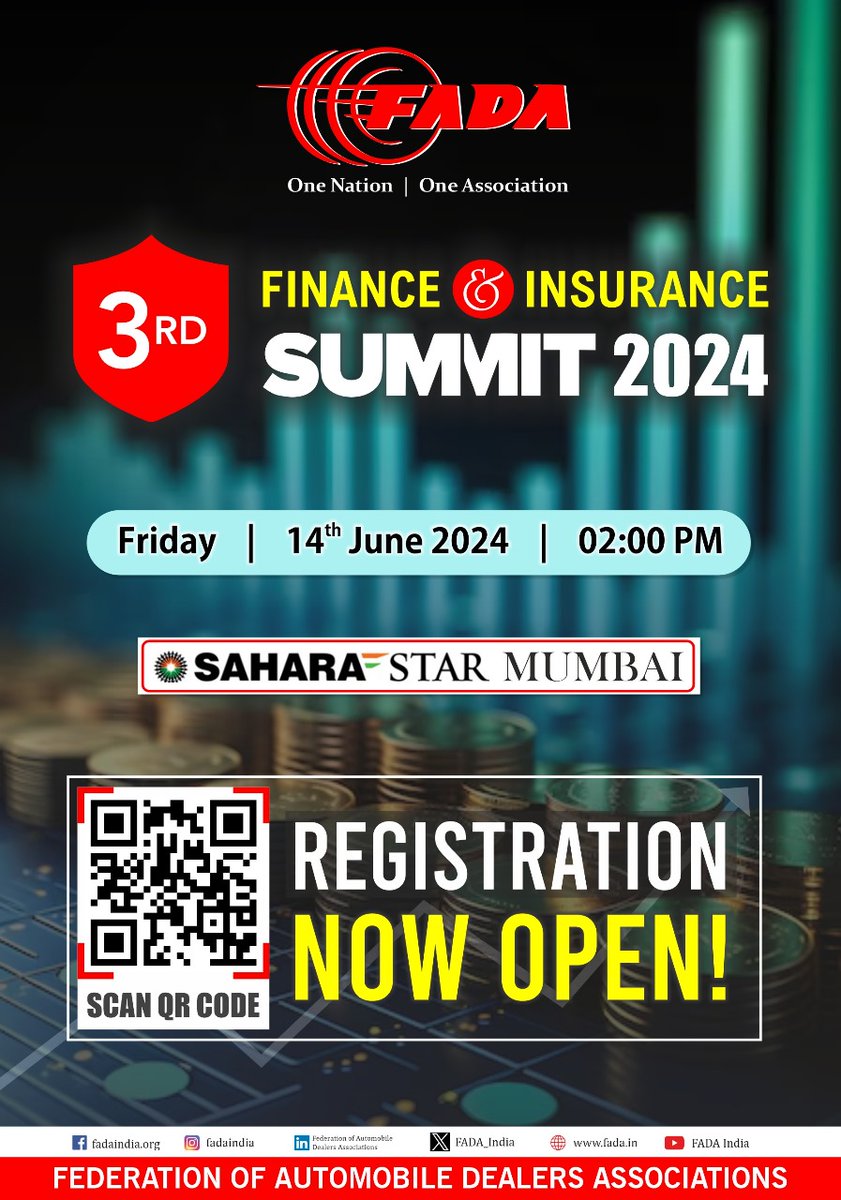 🔔 Registrations are Open for 3rd Finance & Insurance Summit 2024 - Secure Your Seat!

Join us on June 14, 2024, at Sahara Star, Mumbai.

Register: forms.gle/LiYHdfFCdYaGE1…

#FADA #ONOA #3FinanceandInsurance #Summit #FADASummit2024 #FinanceInsurance #StayAhead #RegisterNow