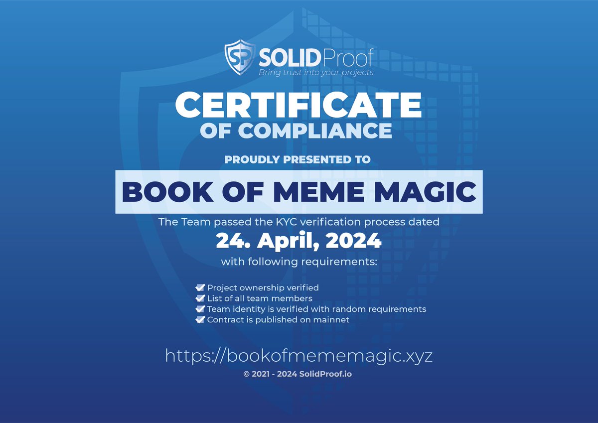 BOOKOFMEMEMAGIC's tweet photo. 🎉✨ Exciting News! 🚀📣

🔍 Our journey to greatness just took a massive leap forward! 🌟 We're thrilled to announce that the Book of MEME Magic has passed the KYC with flying colors! 🌈✅ https://t.co/NlKyEYTgmw