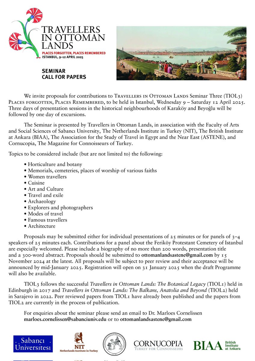 The Call for Papers for Travellers in Ottoman Lands 3 is out! For more information about previous seminars you can check out facebook.com/Tiol3istanbul. The official website will be up soon too.