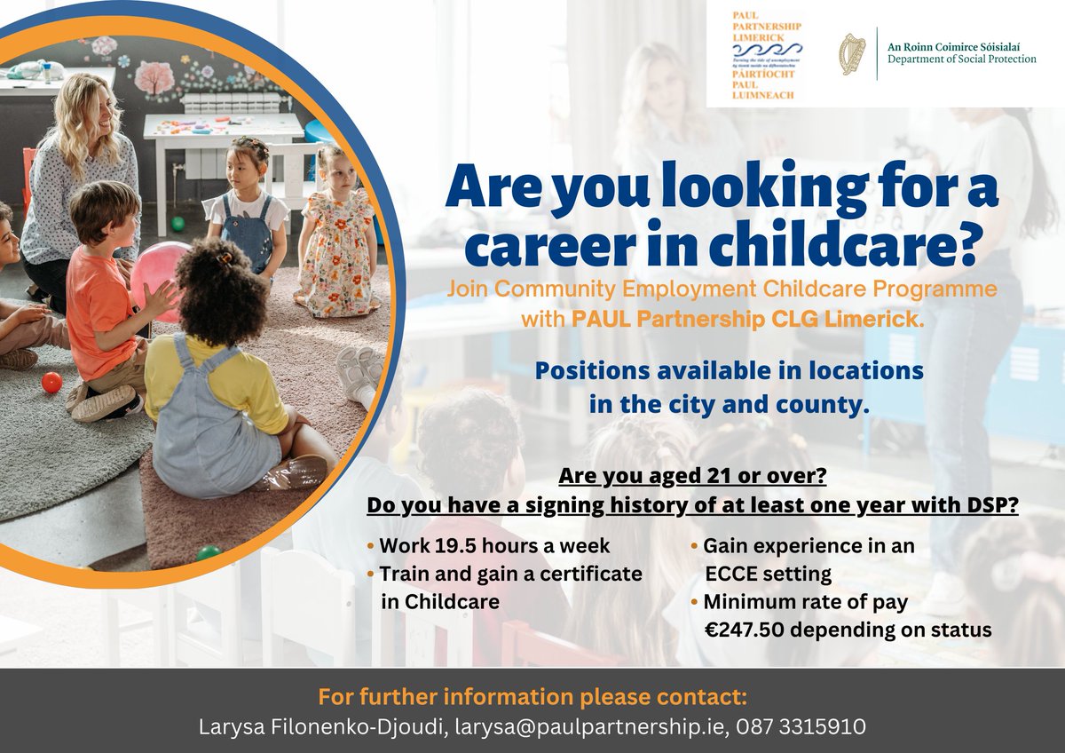 Are you interested in working in childcare? Would you like to gain a qualification? Train and work with us on our Community Employment Childcare Scheme. Details below. #jobfairy #childcare #training #hiring