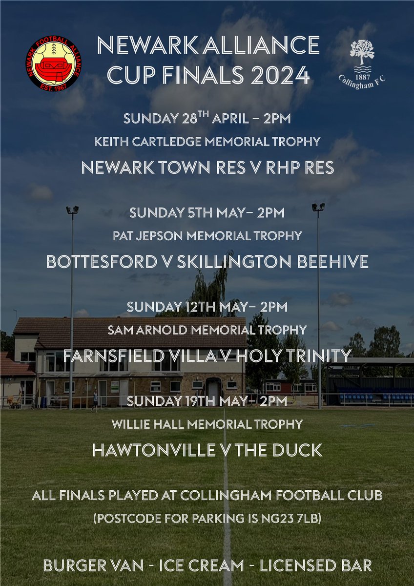 🏆 NEWARK ALLIANCE CUP FINALS 🏆 Over the next 4 Sundays we are looking forward to hosting the Newark Alliance Sunday League cup finals. @NewarkTownSunfc @rhpsscfc @BottesfordFC @FarnsfieldFc @TheDuckFC @advertisergroup @newarkalliance @RobCurrell