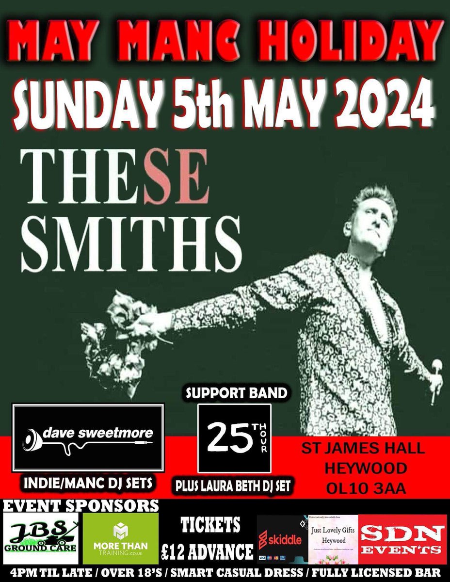 A week on Sunday May 5th I’m playing at St James Hall Heywood with @TheseSmiths @25thhourbanduk and @LauraBethReal. Tickets on sale now at skiddle.com/whats-on/Oldha… or in person from Just Lovely gift shop in Heywood.
