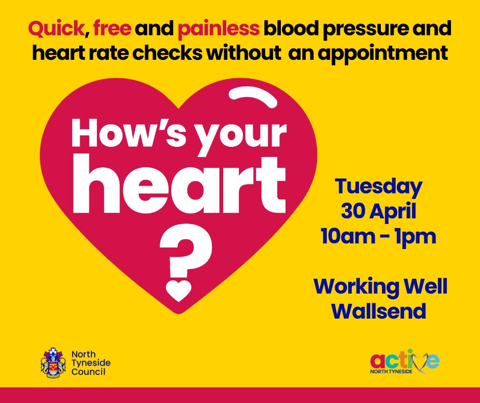 Free blood pressure and heart rate checks are on offer at Working Well next week! 📍 Pop into Working Well Wallsend (Customer First Centre) next Tuesday. 📅 30 April ⌚ 10am - 1pm It's free, painless, and doesn't require an appointment! Find out more: my.northtyneside.gov.uk/.../cardiovasc…