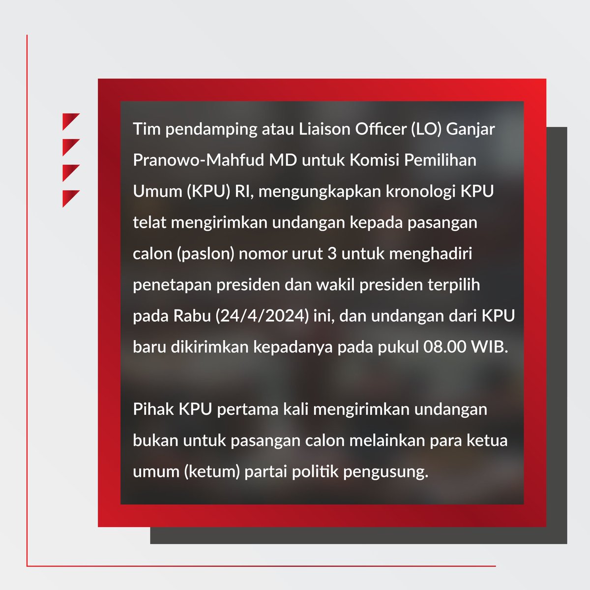 Hasil keputusan MK telah diumumkan dengan pasangan Prabowo Subianto dan Gibran Rakabuming sebagai Presiden dan Wakil Presiden RI. Meski begitu tidak semua undangan diterima oleh paslon lainnya, seperti yang dialami Ganjar Pranowo.

#ganjarmahfud #ganjar_pranowo