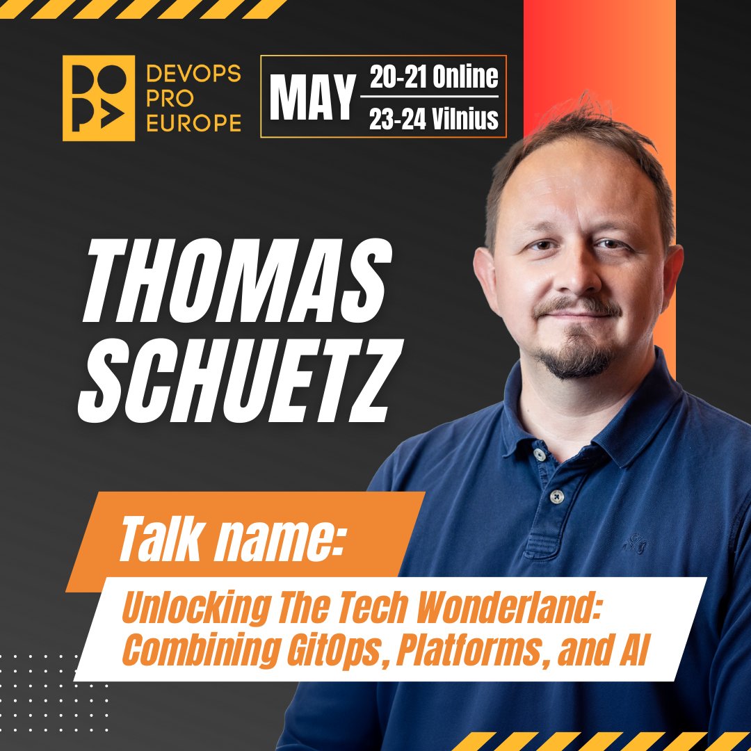 🌟 Introducing Thomas Schuetz, a Cloud Architect and Advocate at DevOps Pro Europe 2024! 🚀 Join his session for a deep dive into building a Platform with ArgoCD. Plus, unlock invaluable insights on boosting deployment confidence with Keptn and K8sGPT. 👉 devopspro.lt/tickets-paymen…