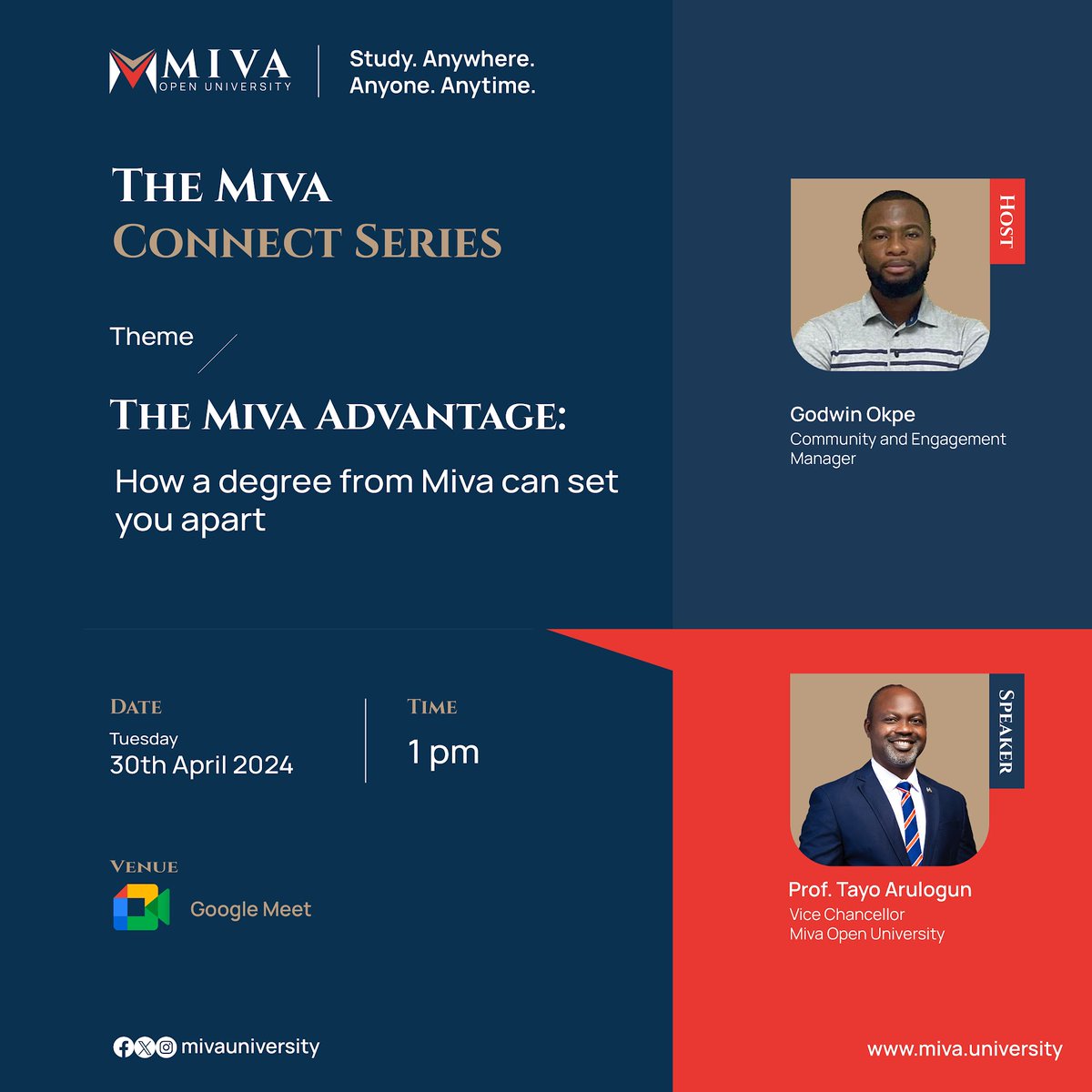 Stand out in today's competitive global market with a degree from Miva Open University. 🎓✨

Don't miss out – reserve your spot now at bit.ly/themivaconnect…. 

#MivaOpenUniversity #MivaConnectSeries #StudyatMiva