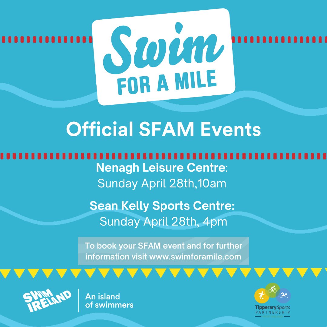 𝗢𝗻𝗹𝘆 𝟯 𝗗𝗮𝘆𝘀 𝗧𝗼 𝗚𝗼!!🏊‍♀️🏊🏊‍♂️ Swim Ireland Swim for a Mile event 📅 April 28th. Are you up for the challenge Nenagh➡️ eventmaster.ie/event/9qMBhw5H… Carrick ➡️ eventmaster.ie/event/nG0PUplH… #swimforamile #BeActiveTipperary