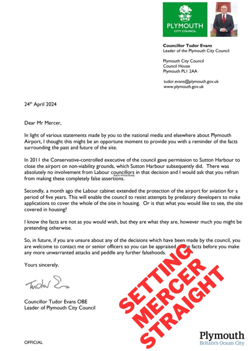Enough is enough 🧵 
We can't sit back and let the Conservative MP for Plymouth Moor View continue to churn out endless falsehoods about his performance and unending unfounded criticisms of the <a href="/PlymouthLabour/">Plymouth Labour</a> administration
 @councillortudor has written directly to Mercer