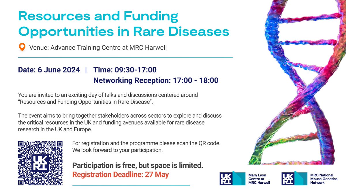 📢Check out the upcoming event on 'Resources and Funding Opportunities in Rare Disease', which will be held on June 6th at the Advance Training Centre @MRCHarwell.

Follow the link to register! docs.google.com/forms/d/e/1FAI…