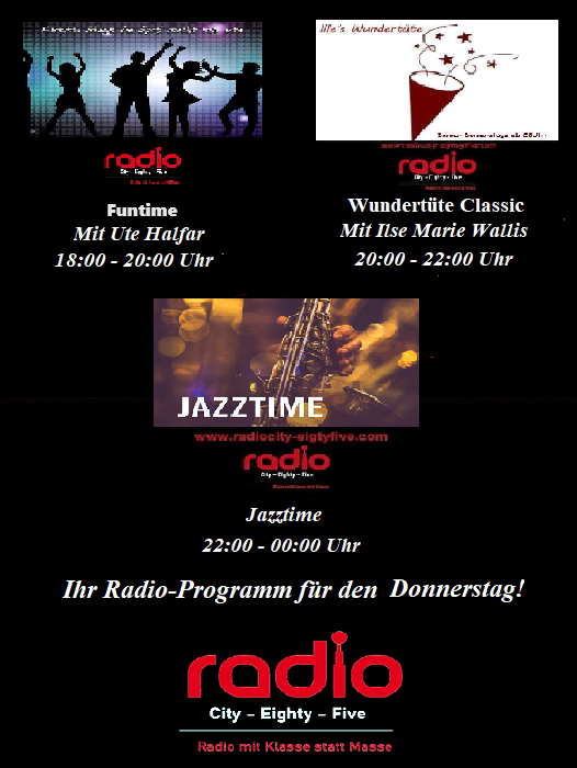 RadioCity1985's tweet photo. Das heutige Abendprogramm bei Radio City Eighty Five am Donnerstag, den 25.04.2024! Funtime von 18-20 Uhr mit Ute Halfar. Wundertüte Classic von 20-22 Uhr mit Ilse Marie Wallis. Jazztime von 22-00 Uhr (unmoderiert). Unserer HP https://t.co/W4MVZjDXtL https://t.co/fJ4sHbPihH