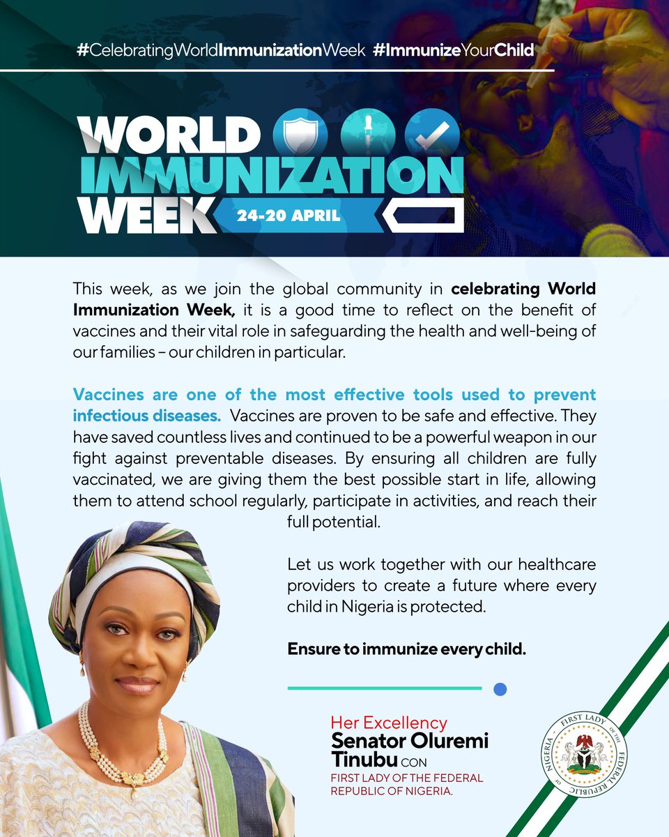 WORLD IMMUNIZATION WEEK

This week, as we join the global community in celebrating World Immunization Week, it is a good time to reflect on the benefit of vaccines and their vital role in safeguarding the health and well-being of our families - our children in particular.