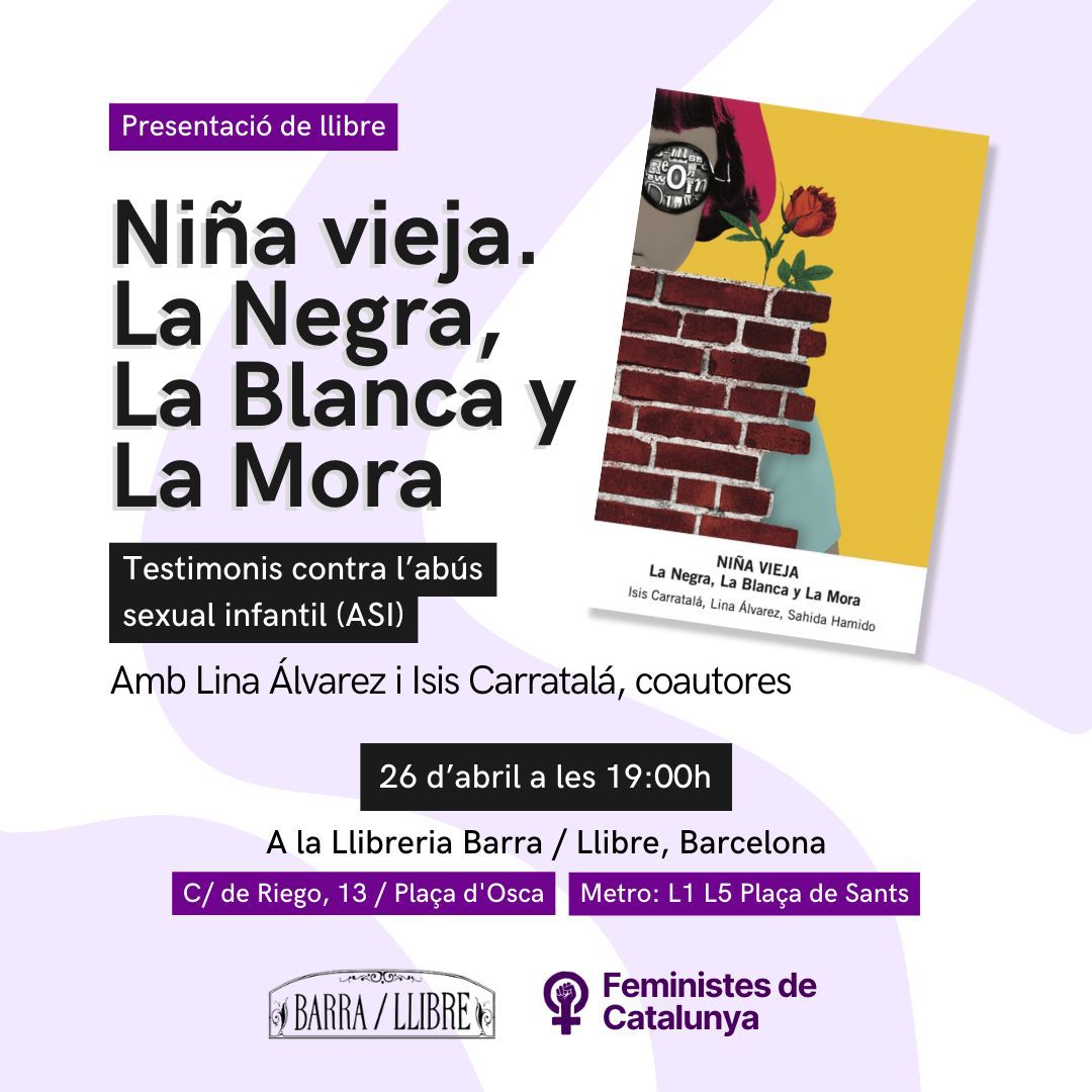 Demà a la llibreria @barrallibreBCN us esperem a la presentació de Niña Vieja, un crit poètic contra l'abús sexual infantil de la mà de dues de les seves autores: Lina Álvarez (@ParentingPunk) i Isis Carratalà. Presenta @juana_gallego 📅 26 abril 🕖 19h 📍 C. Riego 13, Barcelona