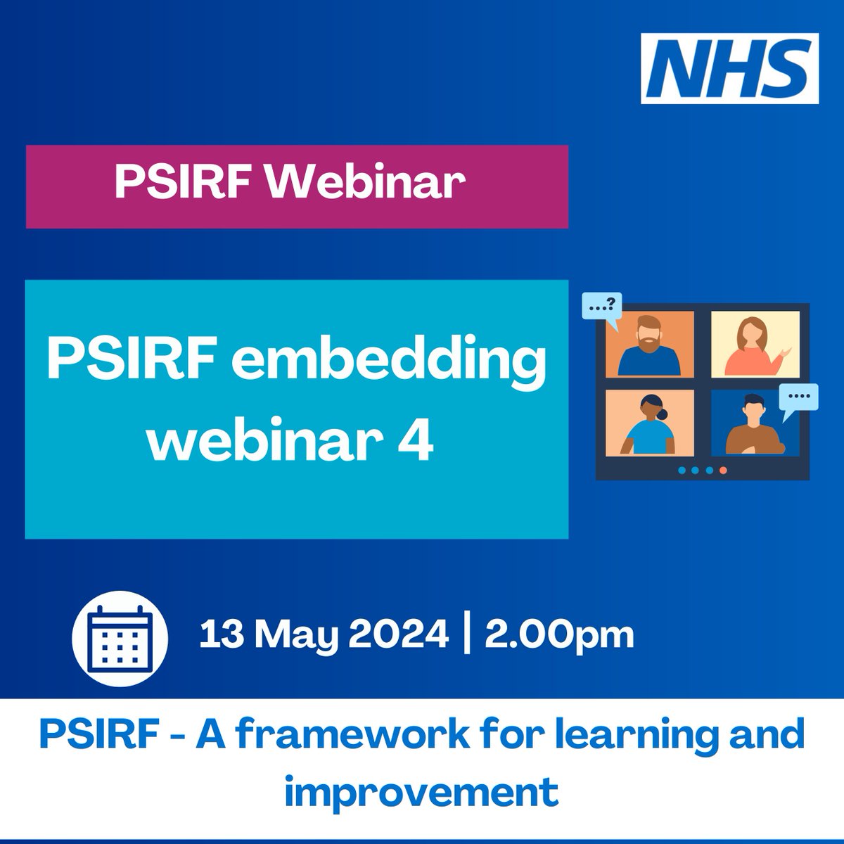 Due to demand we have extended the number of places available for our next #PSIRF embedding webinar taking place on 13 May 2024. Sign up here 👉events.england.nhs.uk/events/psirf-e…