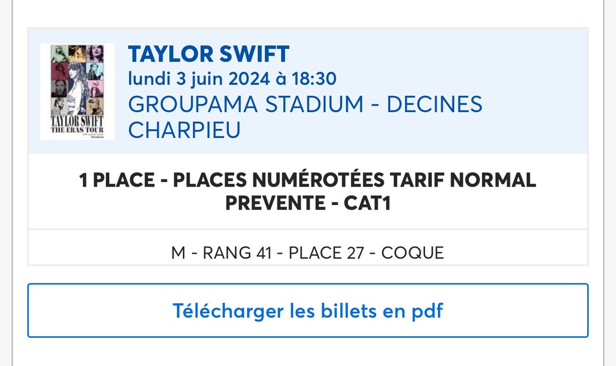 Hello, je vend une de mes places pour le concert de Taylor Swift à Lyon le 3/06 en cat 1 

Hey i am selling one of my tickets for the eras tour in Lyon 

#TheErasTourTicket #TheErasTourTickets #TheErasTour #TaylorSwift