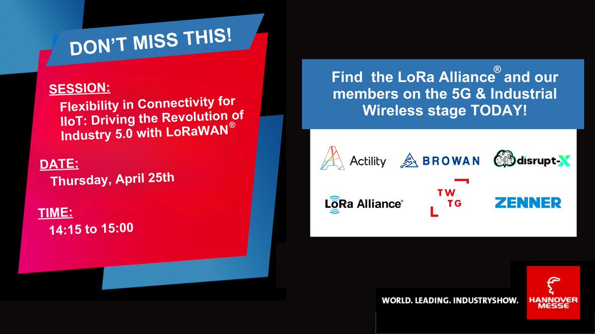 🚨 Don't miss today's #LoRaWAN presentation at Hannover Messe in Hall 14 on the 5G & Industrial Wireless stage! 'Flexibility in Connectivity for IIoT: Driving the Revolution of Industry 5.0 with LoRaWAN': hubs.li/Q02tZBGT0 Plus, find us on booth in Hall 14, Stand 06!