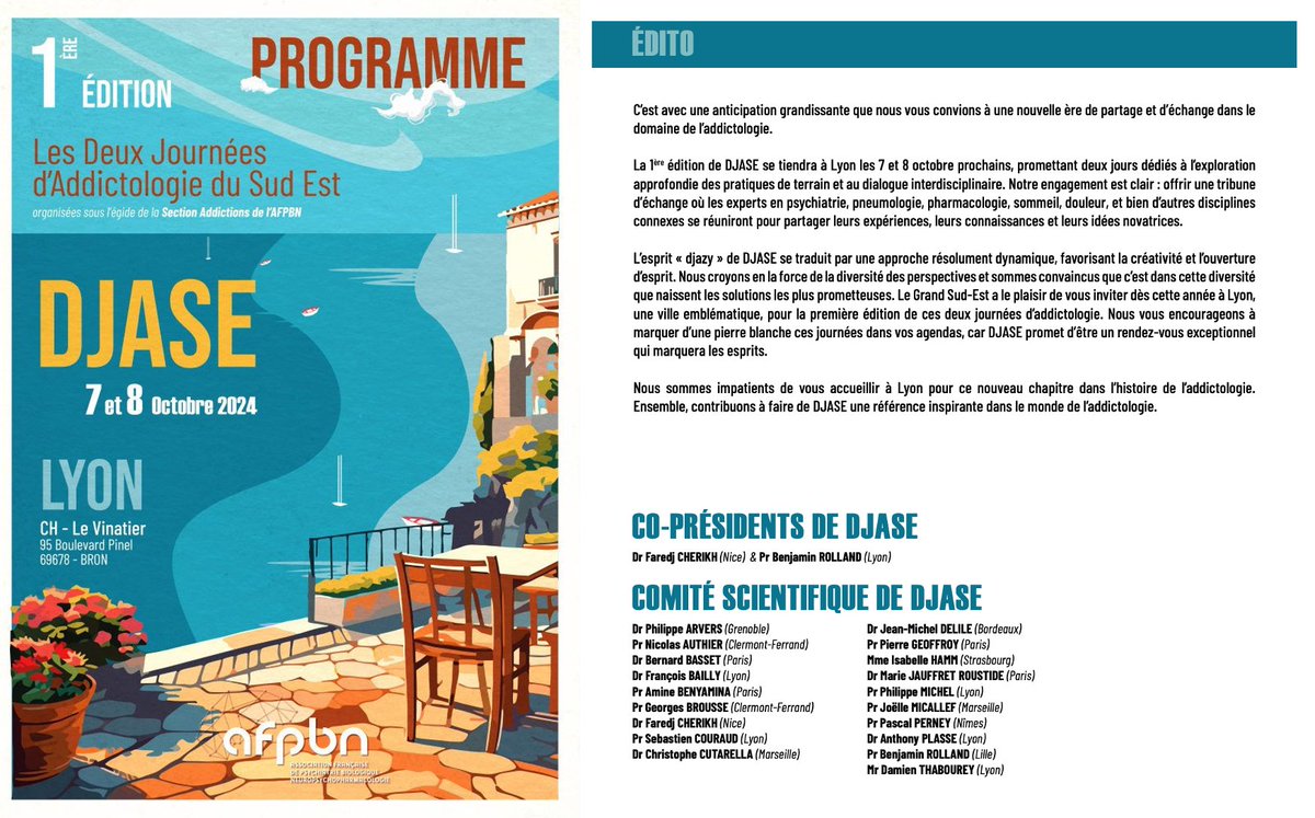 benjrolland69's tweet photo. Avec mon collègue @FaredjC, l'@afpbn , et l'équipe de ComToEvidence, nous sommes très heureux de vous annoncer la tenue des Deux Journées d'Addictologie du Sud-Est (#DJASE)

1ère édition (#DJASE2024) = 7 et 8 oct à Lyon.

https://t.co/X6WCMBn1BN

Merci de diffuser largement https://t.co/Zi7s7MyFxU
