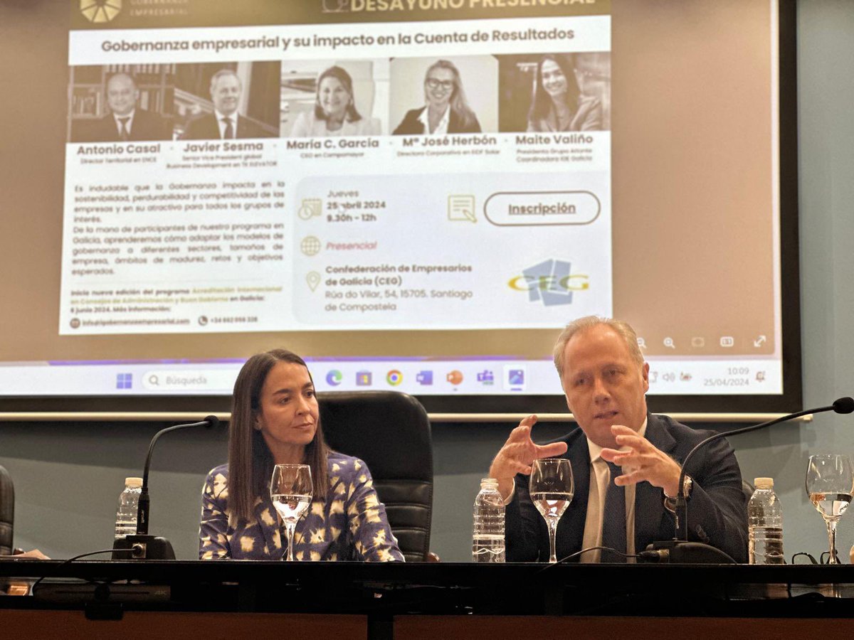 IGobernanzaEmp's tweet photo. Encuentro #IGE en @CEG_Galicia #SantiagodeCompostela 

Javier Sesma, Senior VP global en #TKElevator ahonda en “la capacidad desde @IGobernanzaEmp de aterrizar y ayudar a adaptar y adoptar  las buenas prácticas de #GobiernoCorporativo al mundo no cotizado”
Gracias, Javier!! ⭐️ https://t.co/9HmzdZToub