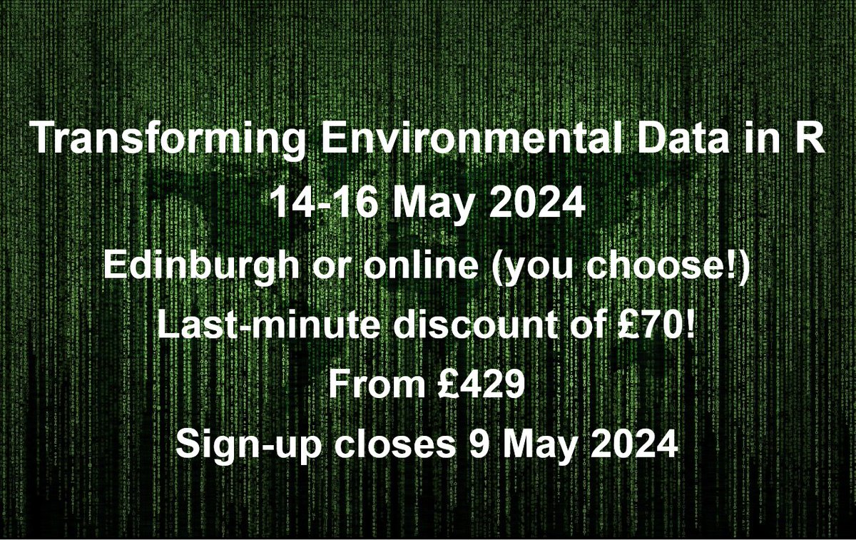 . training @UK_CEH Transforming Environmental Data in R 14-16 May 2024 Edinburgh OR interactive online (you choose) From £429 ceh.ac.uk/training/trans… PL RP @Liz_Davidson23 @London_NERC_DTP @LRidding @lucybarkerjane @maj_vanS @MalikoTanguy @MarcBotham @MarianOsei6 @MarkNitrogen