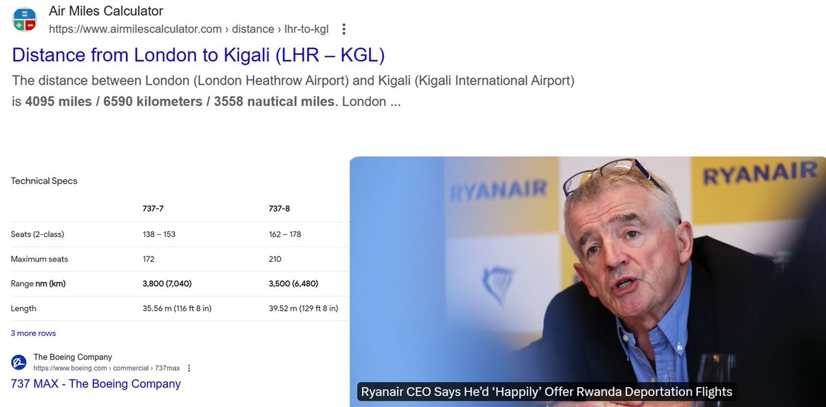 O'Leary says he'd happily use Ryanair to people-traffic to Rwanda on behalf of the Tory Govt. But London-Kigali is over 4,000 miles and the 737s used by Ryanair only have a range of up to around 3,800. Oh dearie. #RwandaNotInMyName #toriesout #toryscum
