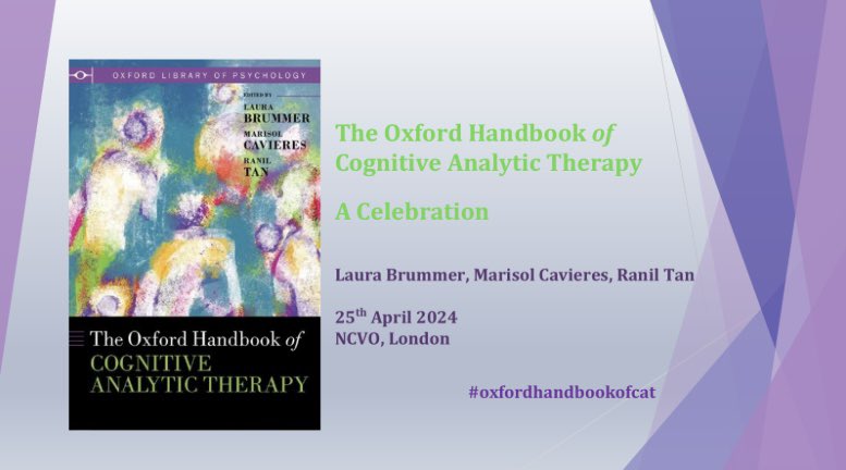 We are so looking forward to welcoming everyone today to celebrate the launch of the #oxfordhandbookofcat - some incredible presentations today marking the diversity and creativity of #cognitiveanalytictherapy