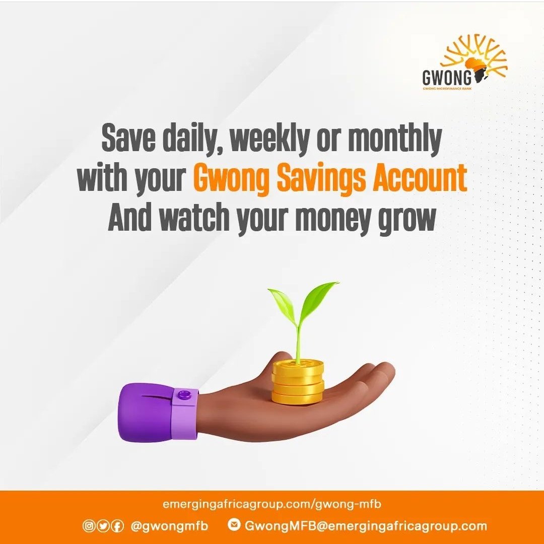 With your Gwong Microfinance Bank account, you can select your savings frequency and acquire the discipline to save money.

Open an account for yourself and your loved ones today 

#gwongaccount #savings #businesssupport