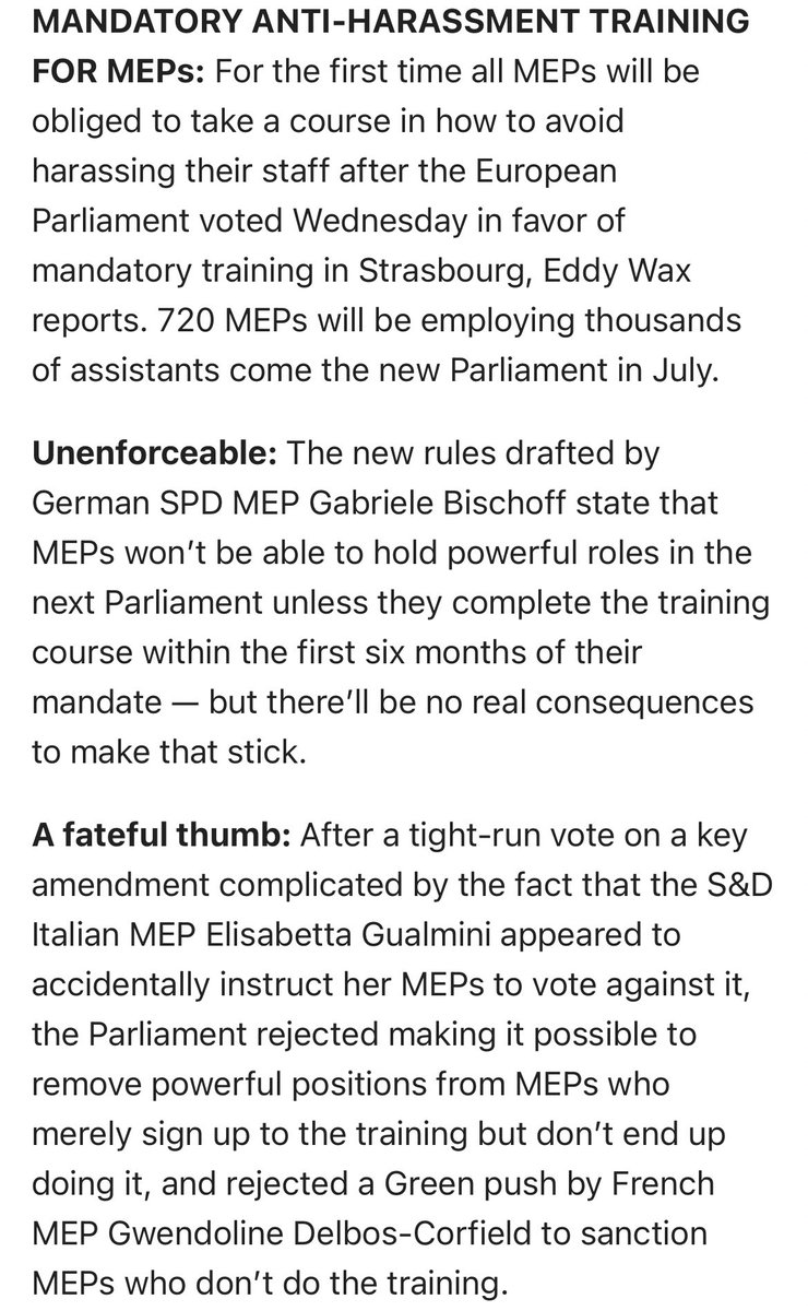 Anti harassment training will be mandatory for MEPs in the next European Parliament, we report in today’s Brussels Playbook by @HankeVela